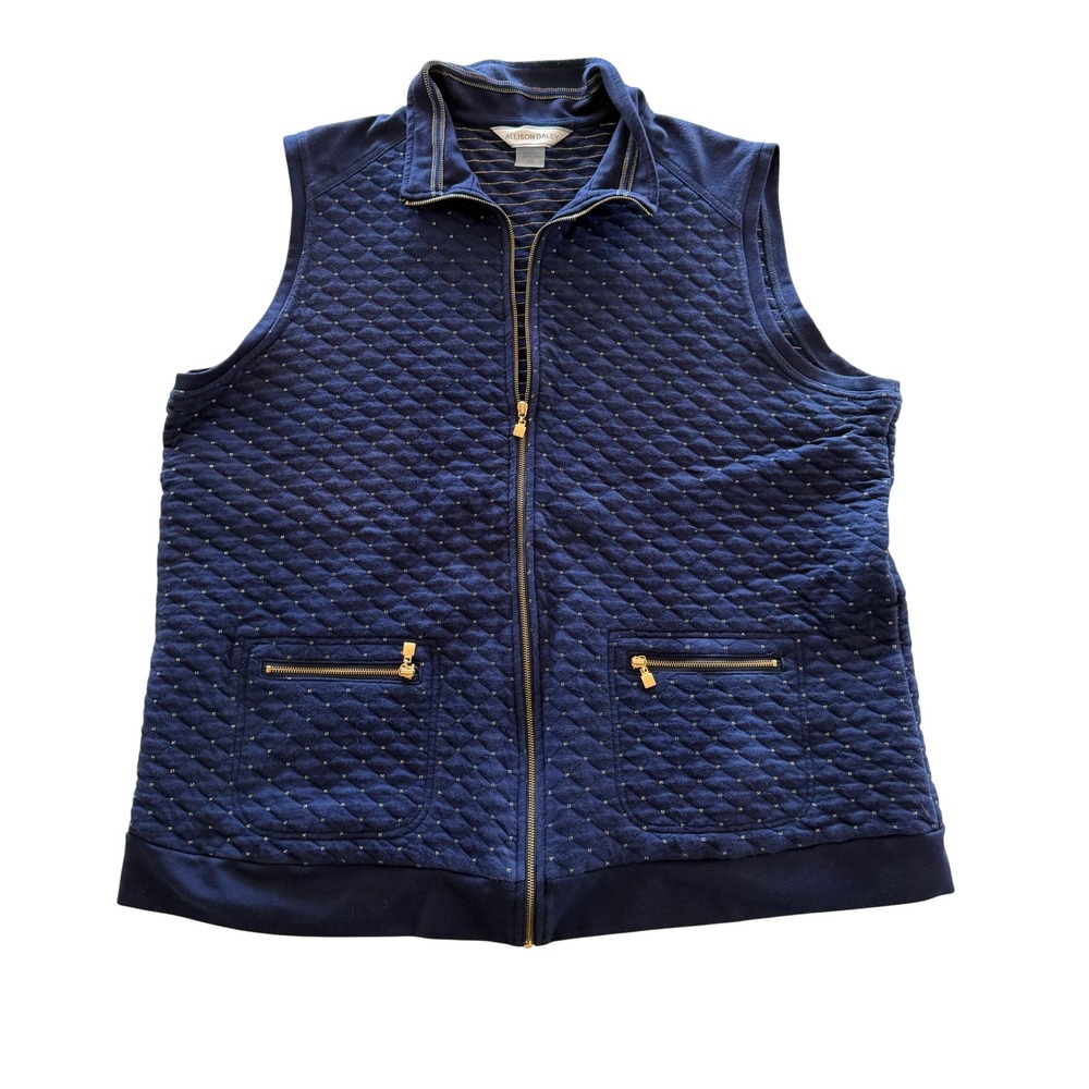 Allison Daley Navy Blue Quilted Gold Metallic Zip Front Vest Large